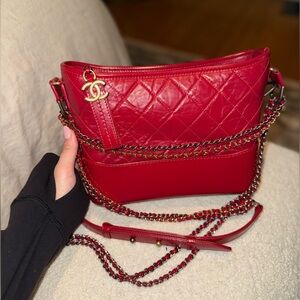 PRE Owned CHANEL calfskin shoulder bag Gabrielle Hobo quilted Medium Red